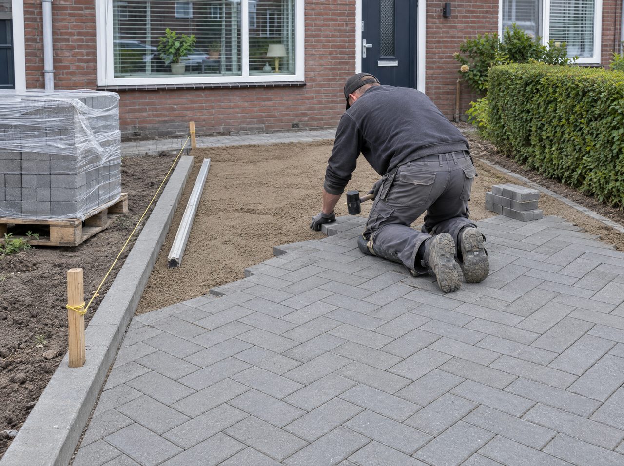 Stratenmaker legt grijze betonklinkers in visgraatverband op een oprit